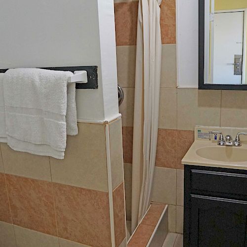 A bathroom with a tiled shower area, a white towel hanging on a bar, a sink with a mirror above it, and part of a toilet is visible.