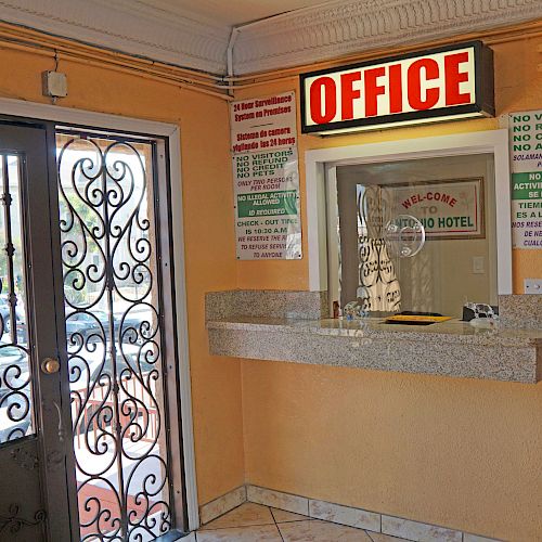 This image shows a hotel reception area with an 