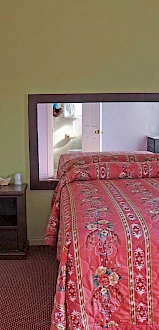 The image shows a cozy bedroom with a colorful bedspread, a full-length mirror behind the bed, a refrigerator, a door, and a window with curtains.